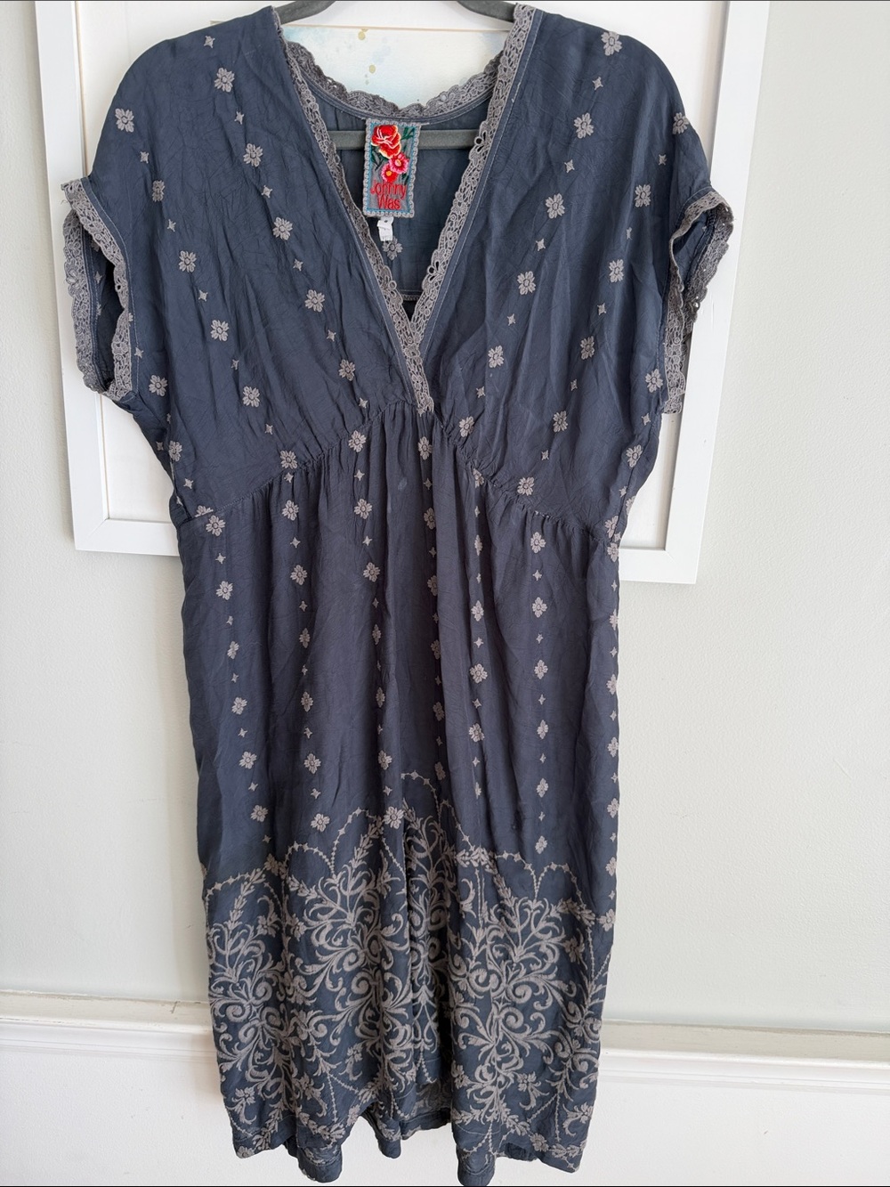 Johnny Was Slate Blue and Gray Embroidered V-Neck Midi Dress